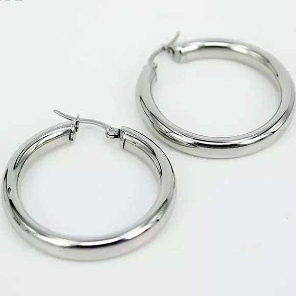 Silver 40mm Stainless Steel Tube Hoop Earrings - Picture 4 of 5